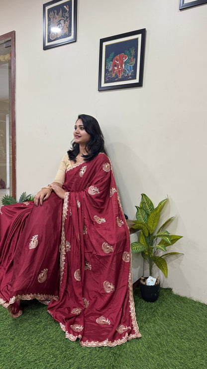 Pure Chinnon Saree with Embroidery, Work & Peacock Butta Motifs – Heavy Embroidered Blouse