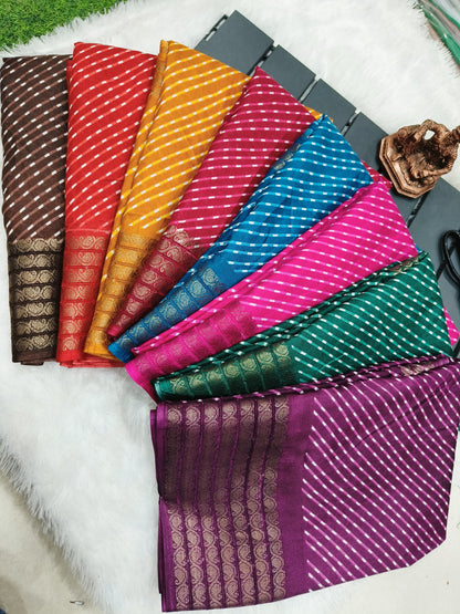 Butter Dola Silk Bandhej Saree with Mothra Leheriya Print and Golden Rudraksh Border – With Blouse Piece