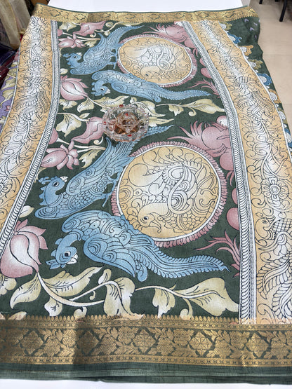 Silk blend printed saree with floral and bird motifs, zari border, women’s festive wear saree