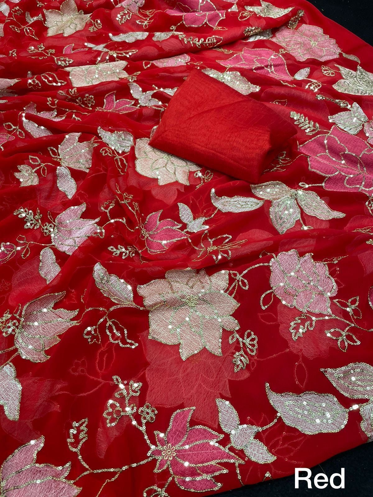 Soft Georgette Party Wear Saree with Colorful Thread Embroidery and Sequence Work for Women