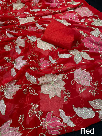 Soft Georgette Party Wear Saree with Colorful Thread Embroidery and Sequence Work for Women