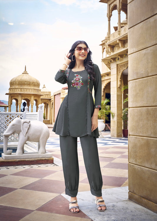 Viscose rayon co-ord set for women with short kurti and Afghani pant in thread and handwork – ethnic fusion wear