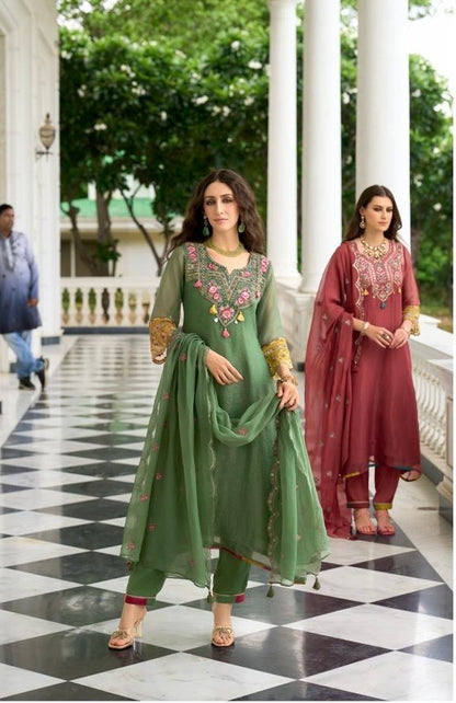 Organza Crush 3-Piece Suit Set with Embroidery, Handwork and Muslin Inner for Women