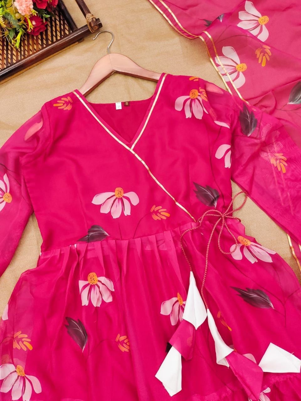 Pink Tabby Organza Anarkali Suit with Dupatta – Full Lining & Frill Pattern – Sizes M to XXL