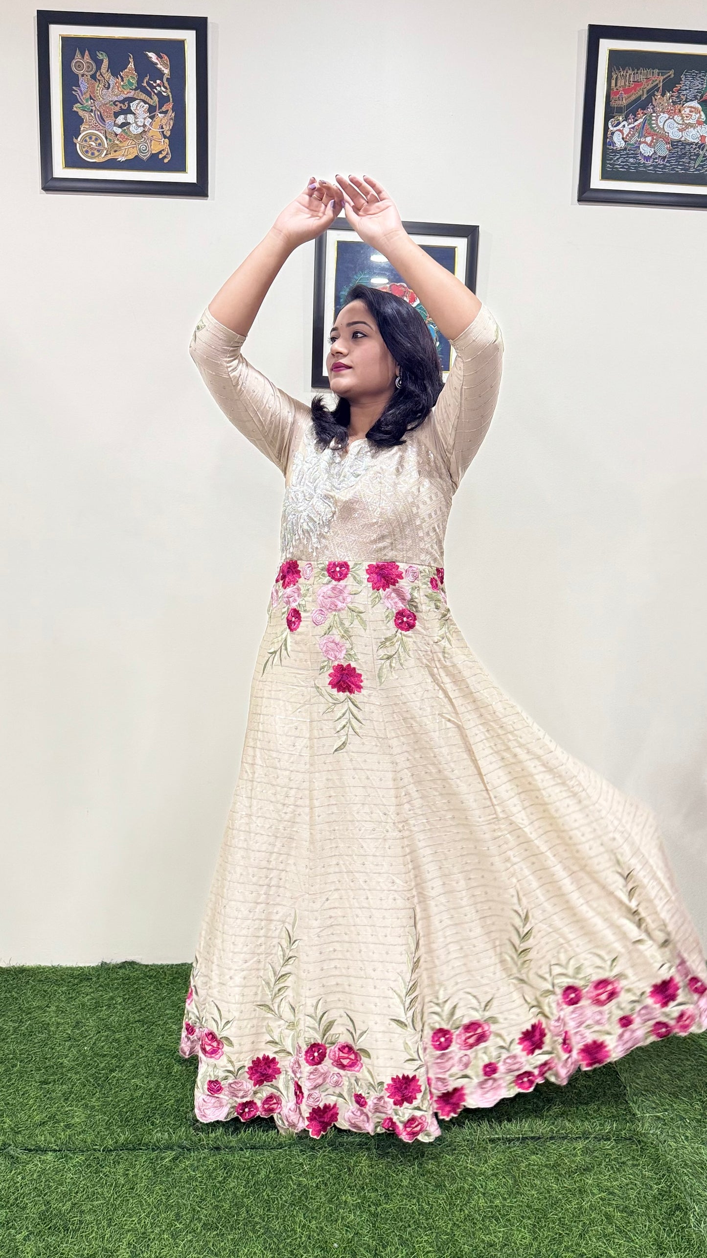 Real Chinon Silk Embroidered Ethnic Gown with Cancan and Tassel Detailing – Free Size Stitched