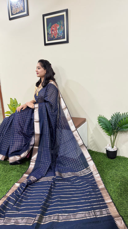 Mangalgiri Soft Semi Tussar Silk Saree with Check Pattern and Blouse Piece for Women – Lightweight Drape