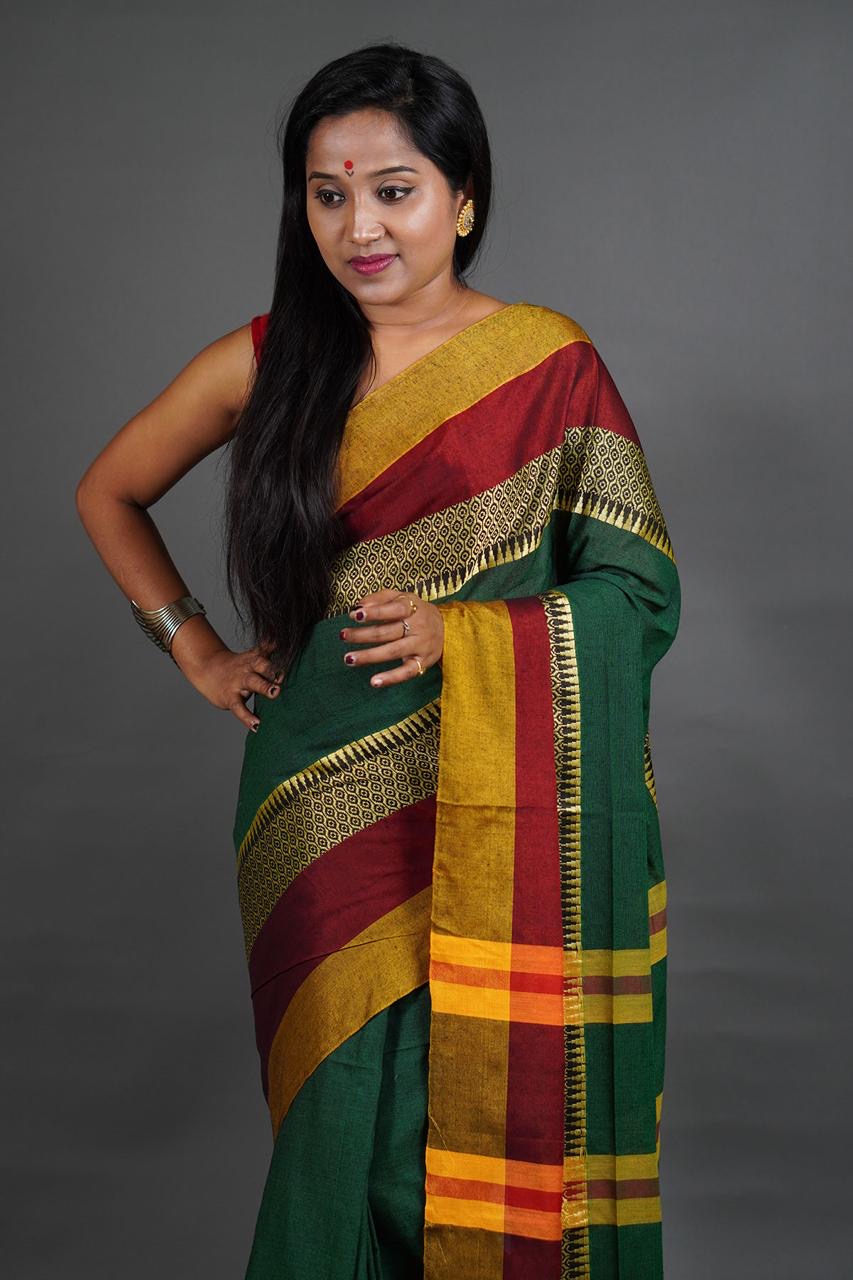 Pure Cotton Handloom Saree for Women with Woven Border and Blouse Piece – Traditional Daily Wear