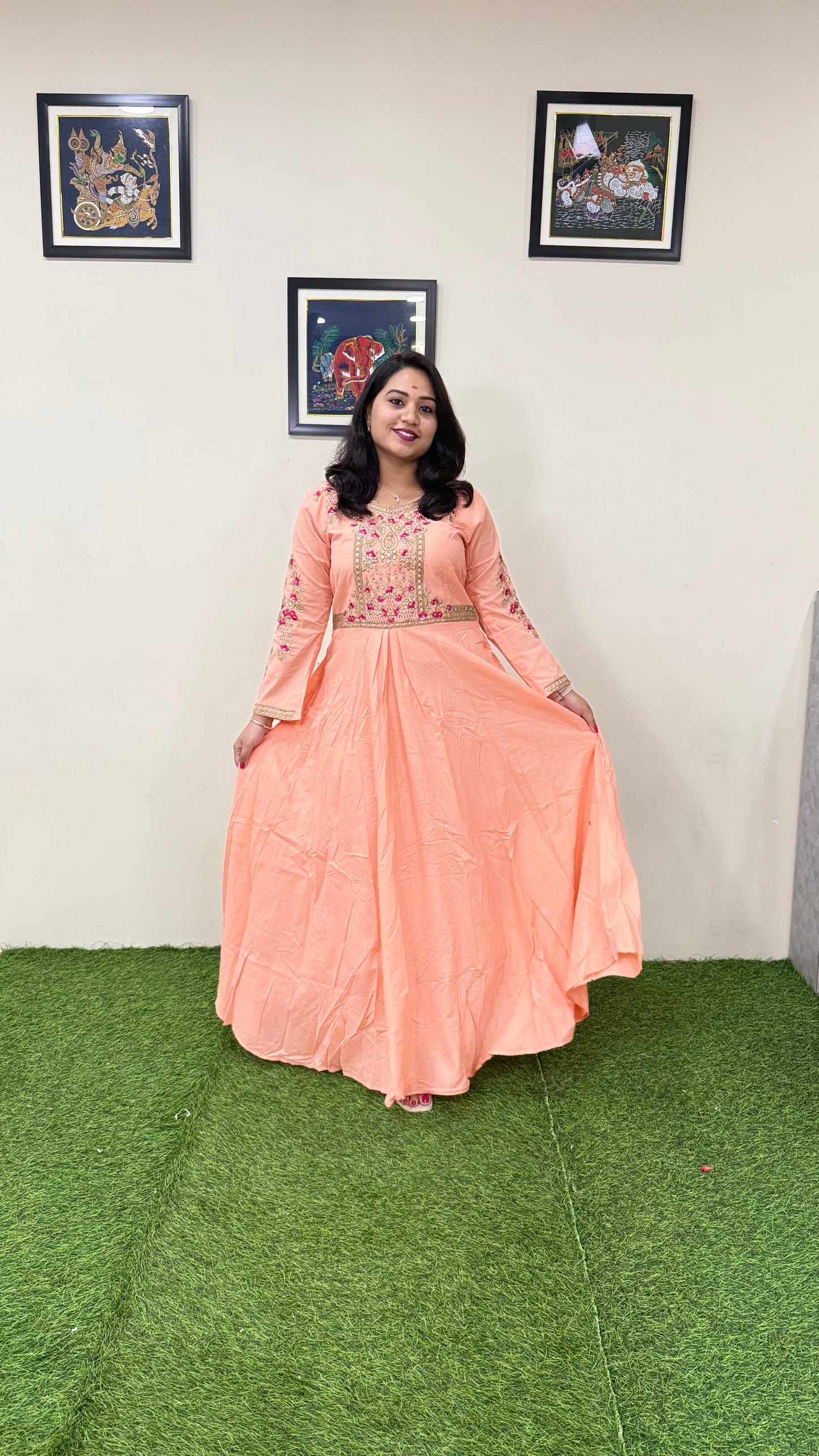 Muslin Silk Embroidered Gown for Women with Handwork and Malai Crepe Inner – 56+ Inch Length