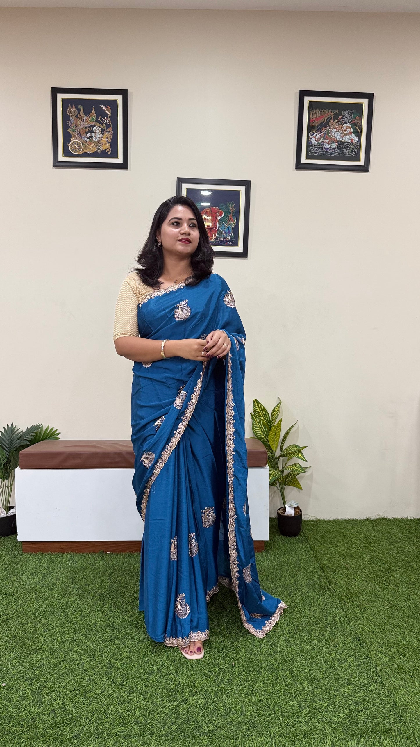 Pure Chinnon Saree with Embroidery, Work & Peacock Butta Motifs – Heavy Embroidered Blouse