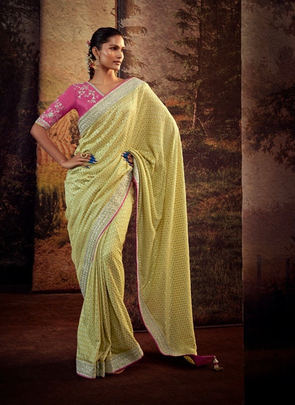 Organza Tissue Silk Saree with Embroidery or Swarovski Work and Heavy Designer Blouse – Wedding and Festive Wear for Women