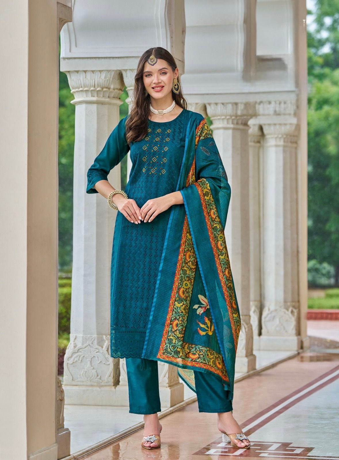 Chanderi Silk Chifli Work Kurti with Pant & Digital Print Dupatta – Festive Wear – Sizes XXL to 4XL