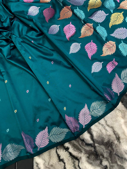Pure Soft Silk Saree with Colorful Weaving and Leaf Panel Design