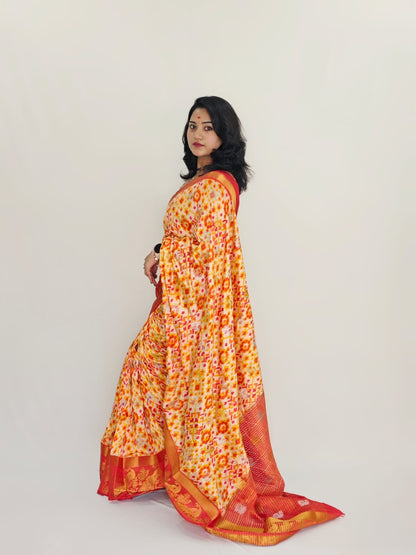 Raw Silk Saree with Ikkat Patola Print and Matching Blouse Piece for Women