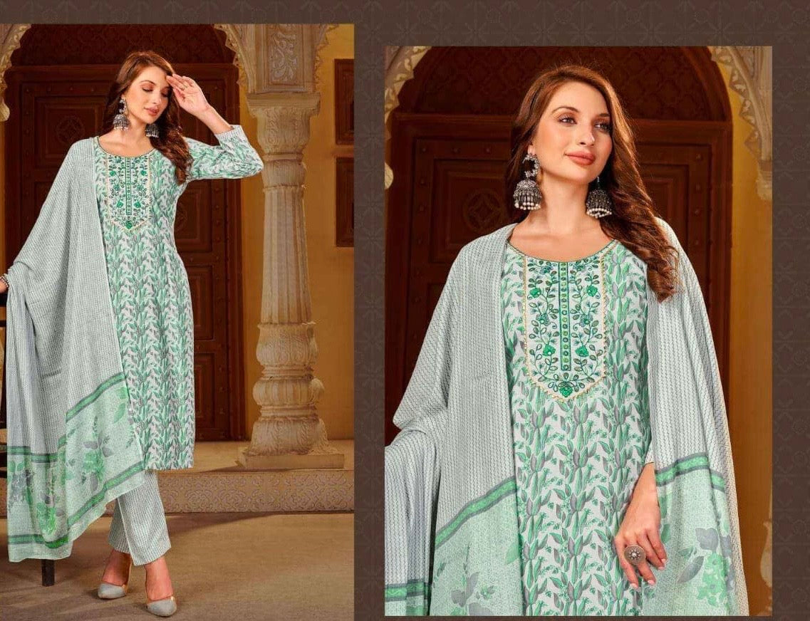 Unstitched Rayon Dress Material with Jaipuri Embroidery Handwork and Mal Printed Dupatta