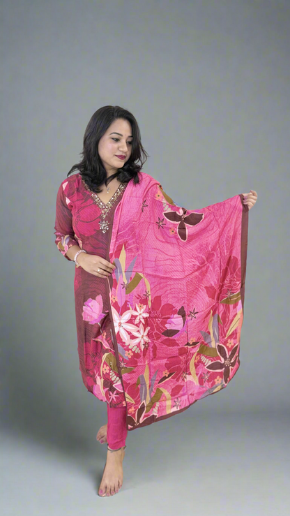 Pure Muslin Kurta Pant Dupatta Set with Handwork and Cotton Inner – Plus Sizes XL to 3XL