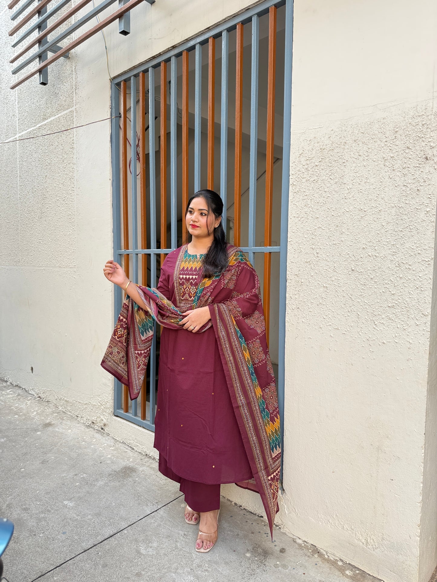 Cotton printed suit set for women with geometric yoke print, matching pant and dupatta