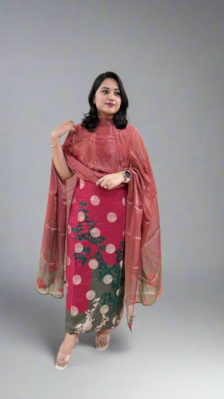 Unstitched Muslin Jacquard Dress Material with Digital Print, Canvas Satin Bottom and Silk Embroidered Dupatta