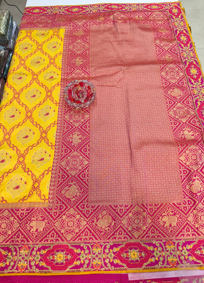 Designer Yellow Silk Saree with Heavy Embroidery Work and Unstitched Blouse for Festive and Wedding Wear