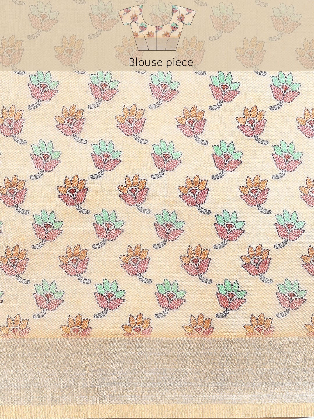 Soft Pure Linen Saree with Floral Print, Kantha Lotus Border, Zari Lining, and Running Blouse