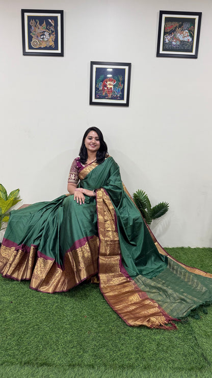 Kanjivaram Narayanpeth Silk Saree with Mor Designer Border and Contrast Pallu – With Blouse Piece