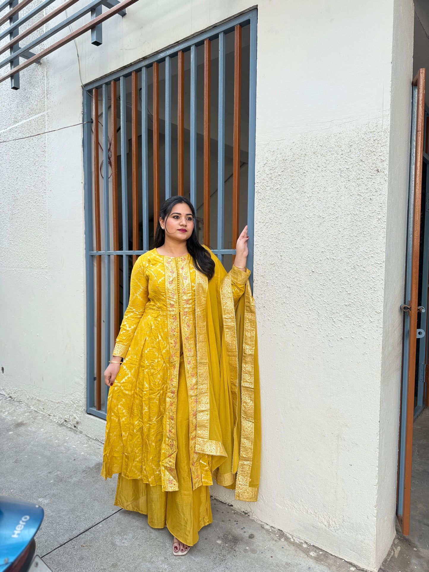 Viscose jacquard silk anarkali suit set with hand embellishment and georgette dupatta – free size stitched