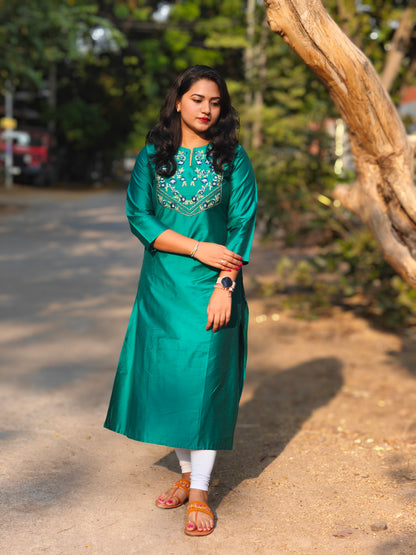 Peacock Green Poly Silk Straight Kurta for Women with Embroidered Yoke – M to 2XL
