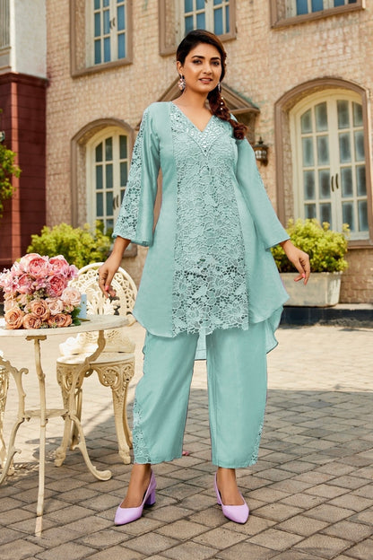 Linen Western Co-Ord Set for Women with Mirror Work and Cotton Lace