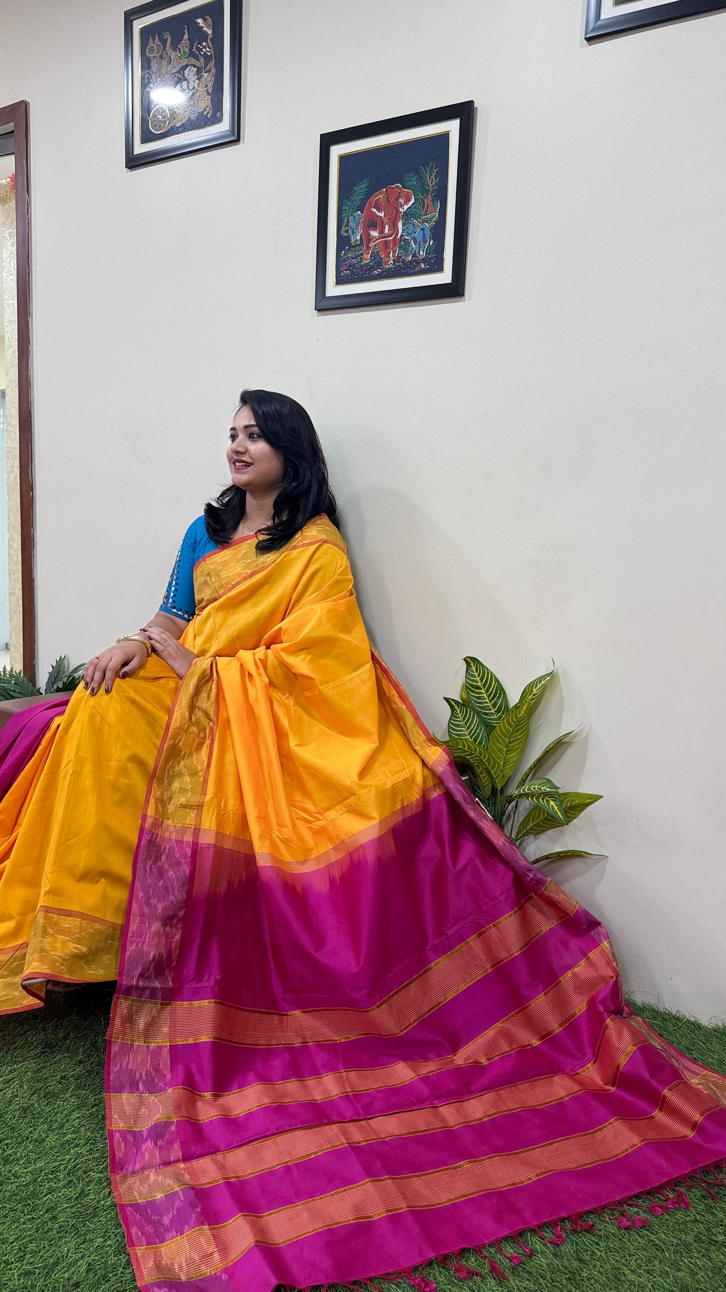 Venkatagiri Silk Cotton Saree with Zari Pochampally Border, Contrast Pallu and Blouse for Women