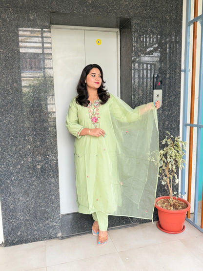 Pastel Green Roman Silk Kurta Set with Multi-Color Floral Embroidery and Organza Dupatta – 3-Piece Set for Women