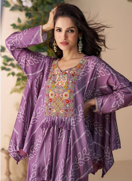 Premium Real Chinon Silk Poncho Style Embroidered Top with Palazzo – Free Size Stitched