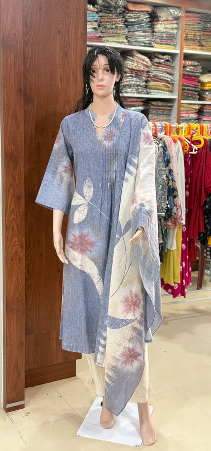 Cotton flex kurta pant dupatta set for women with detailing work, sizes 38 to 44, ethnic 3 piece suit set