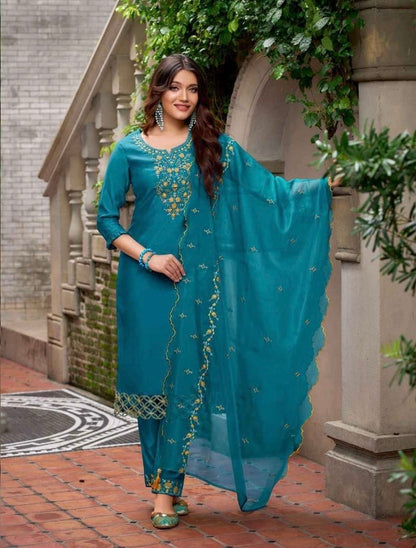 Milan Silk Handworked Kurta Pant Dupatta Set with Embroidered Organza Dupatta – Sizes M to XXL