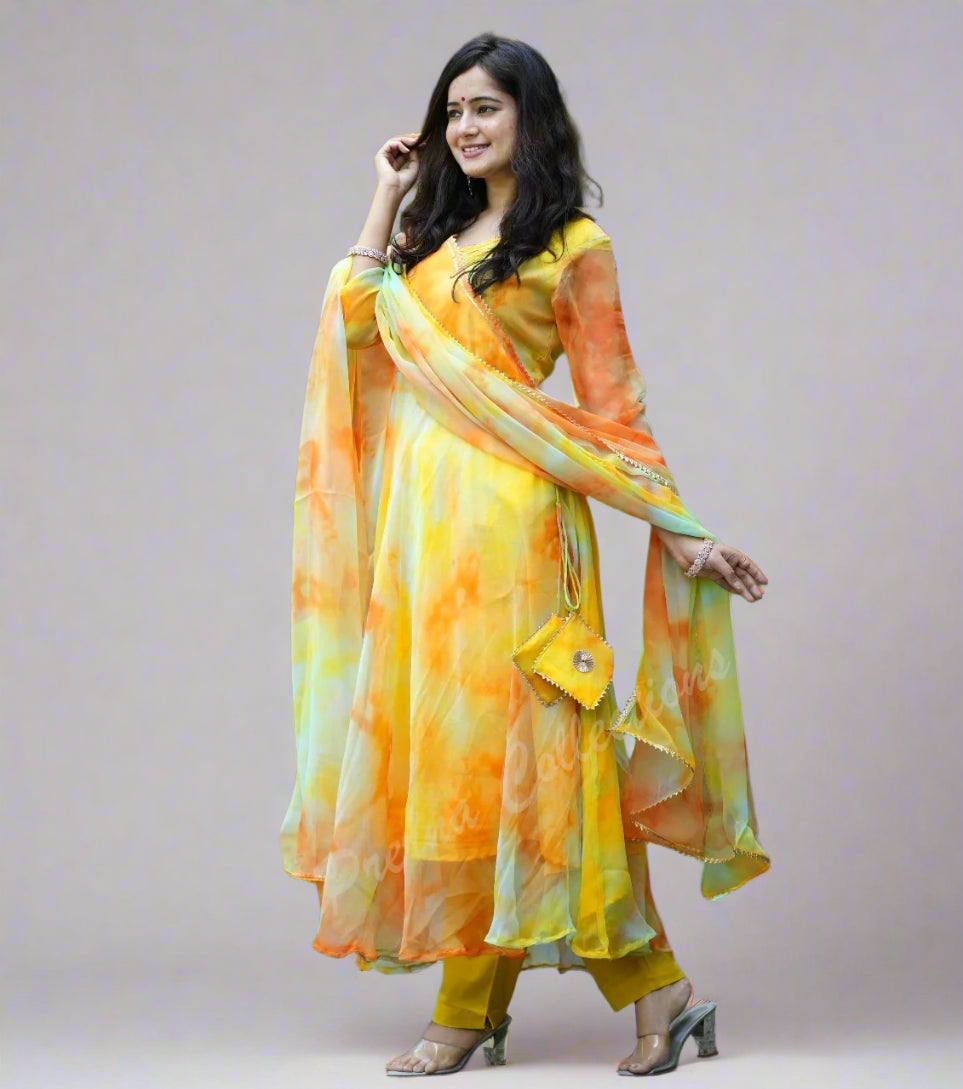 Pastel Chiffon Marble Print Anarkali Kurta Pant Dupatta Set with Gotta Tassels – Women’s Sizes 38 to 44