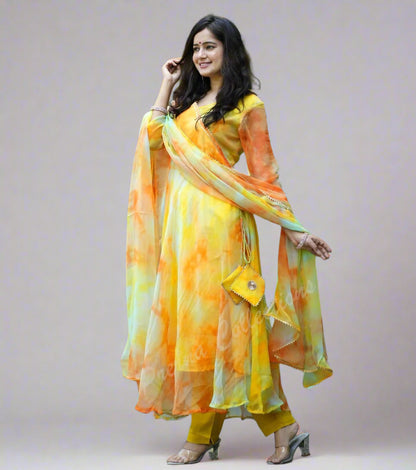 Pastel Chiffon Marble Print Anarkali Kurta Pant Dupatta Set with Gotta Tassels – Women’s Sizes 38 to 44