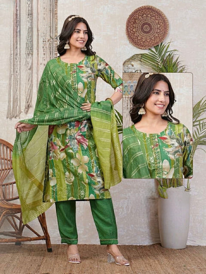 Chanderi Foil Print Kurti Set with Silk Bottom and Jacquard Sequins Dupatta – Women’s Sizes L, XL