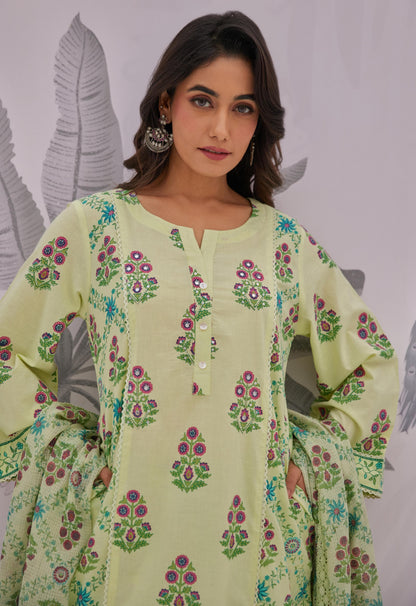 Pure Cotton Block Print Kurta Pant Dupatta Set with Ethnic Detailing for Women