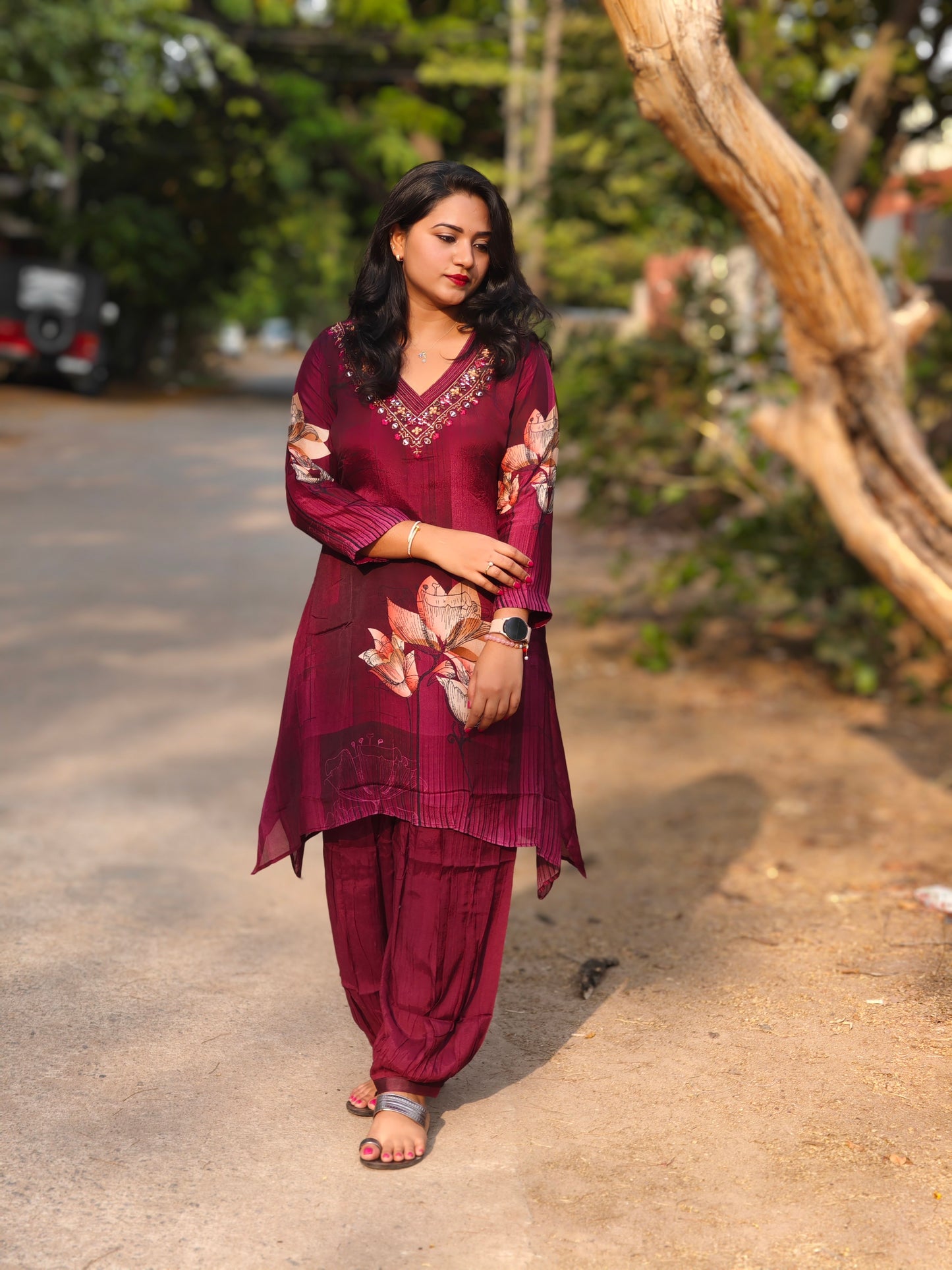 Viscose co-ord set for women with floral print and embroidery – fully stitched festive ethnic outfit