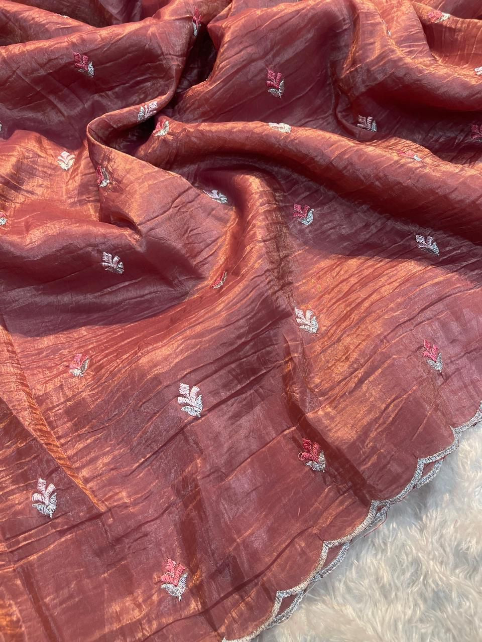 Crush Tissue Saree with Multi-Embroidery Work and Running Blouse for Women