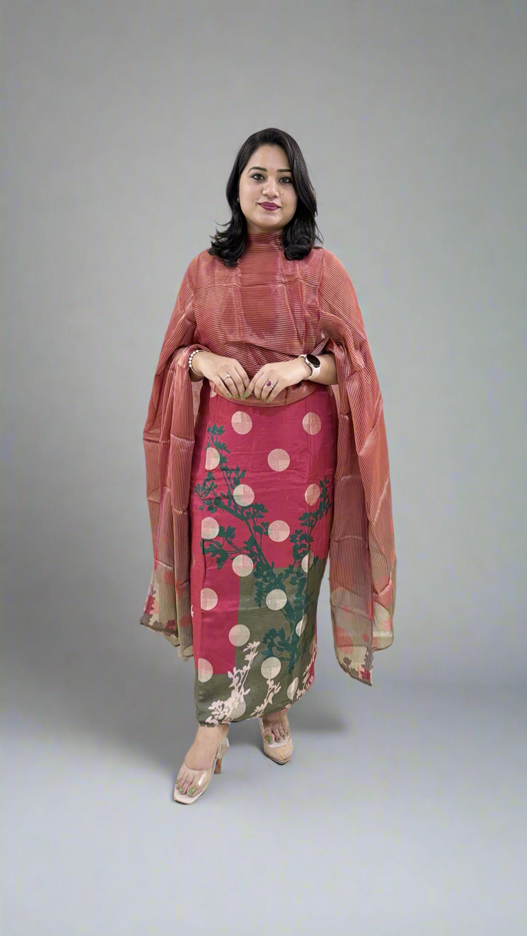 Unstitched Muslin Jacquard Dress Material with Digital Print, Canvas Satin Bottom and Silk Embroidered Dupatta