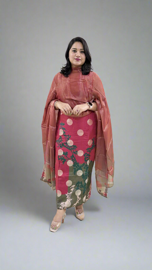 Unstitched Muslin Jacquard Dress Material with Digital Print, Canvas Satin Bottom and Silk Embroidered Dupatta