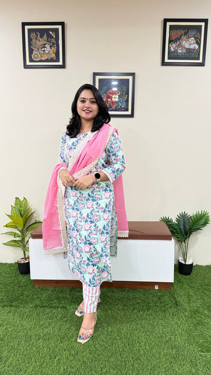 Cotton Kurti Pant Dupatta Set for Women with Crochet Work and Stole Dupatta – Sizes 36 to 46