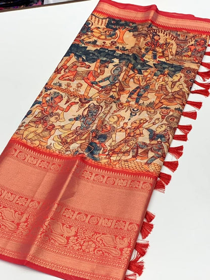 Banarasi Soft Silk Saree with Kalamkari Block Print and Zari Weaving – Party Wear for Women