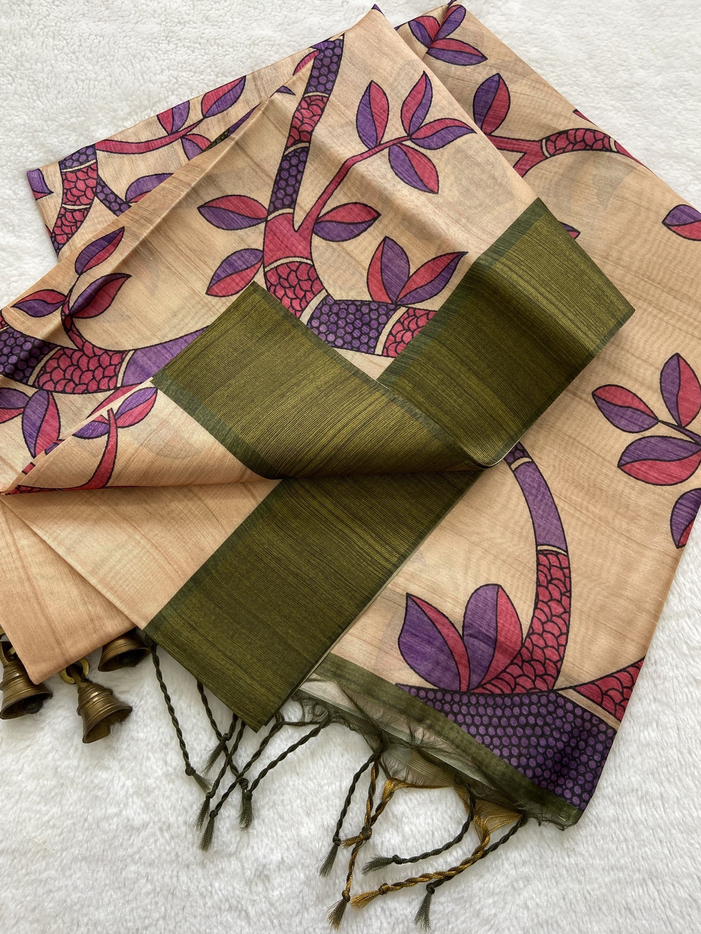 Soft Tussar Silk Printed Saree with Contrast Blouse, Tassels, and Designer Pallu
