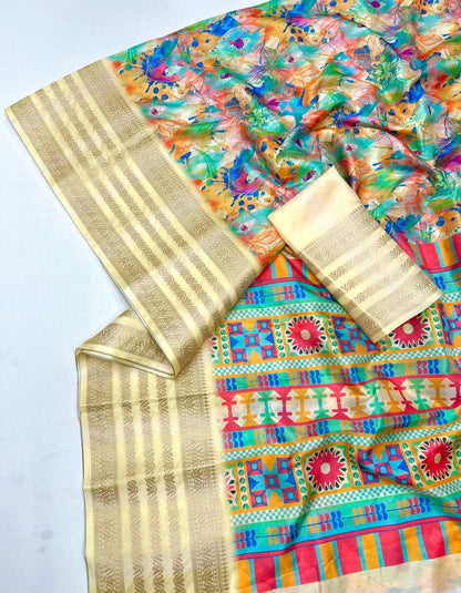 Soft Dola Silk Sarees digital floral print Jacquard weaving border