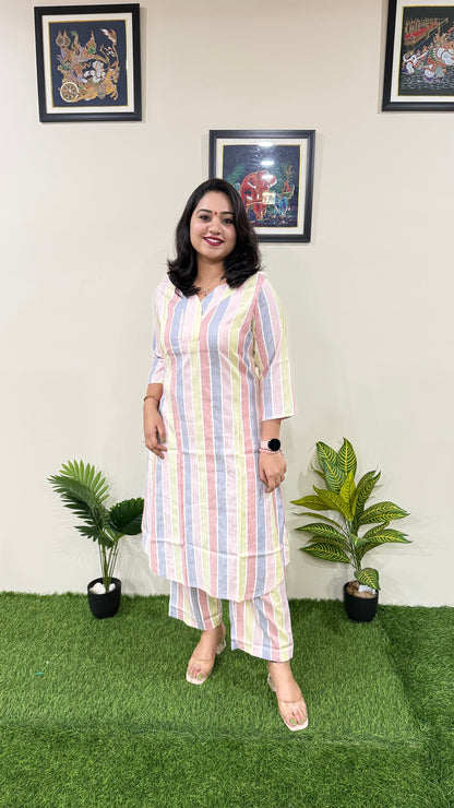 Women's Handloom Striped Coord Set in Soft Cotton – Regular Fit Casual Wear Set (Sizes 36–44)