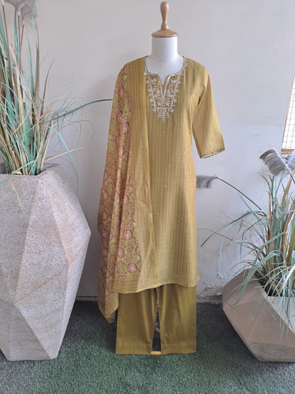 Digital Chanderi Kurta Set with Sequence and Zari Pittan Embroidery, Cotton Pant and Printed Dupatta