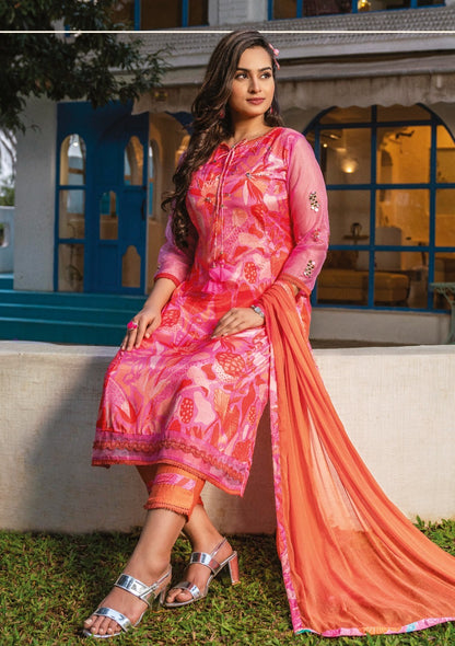 Viscose Satin Silk Kurti Pant Dupatta Set with Digital Print and Hand Embellishments for Women – XL to 3XL