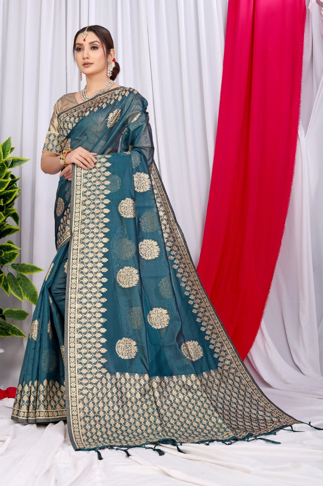 Organza Silk Zari Weaving Saree with Golden Butties, Silver Zari Pallu & Brocade Blouse