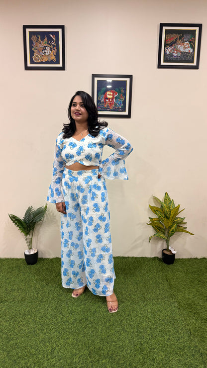 Women's Printed Faux Georgette Co-ord Set with Handwork Crop Top and Palazzo Pants