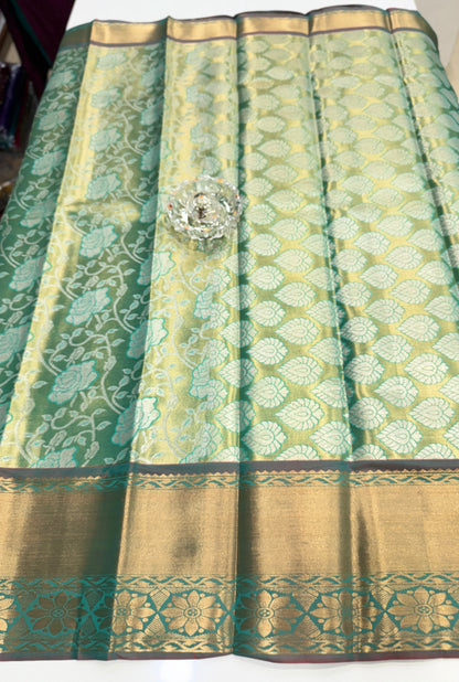 Bridal tissue saree for women with woven zari work and contrast border, kanchipuram style powerloom saree with blouse fabric